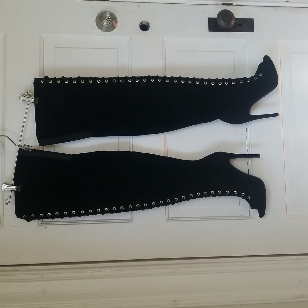 Lace up suede thigh high boot
